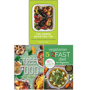 Stack of three cookbooks by Rukmini Iyer and Roli Books, featuring green roasting tin, street food, and more recipes collection.