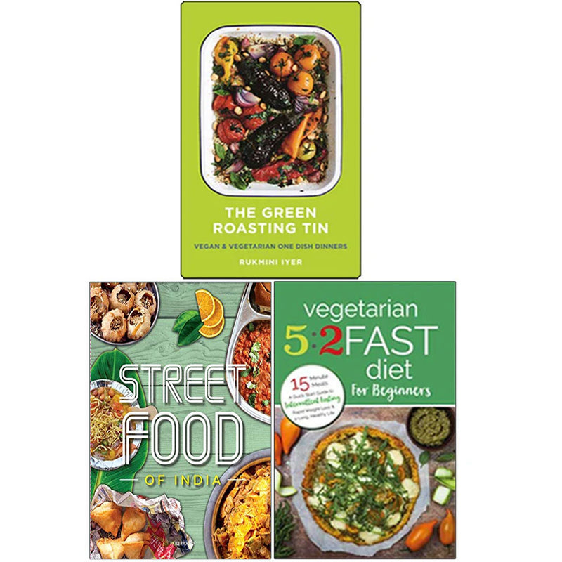 Stack of three cookbooks by Rukmini Iyer and Roli Books, featuring green roasting tin, street food, and more recipes collection.