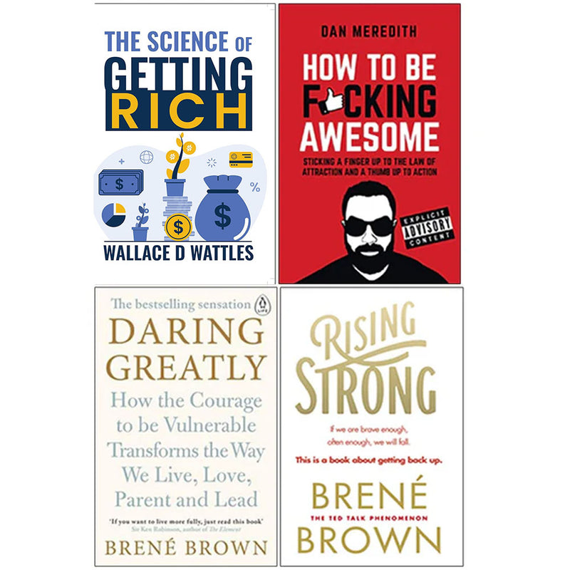 Collection of four non-fiction paperback books by Brian Keane and Dan Meredith, including The Science of Getting Rich and Daring Greatly.