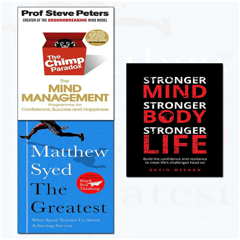 Set of three paperback non-fiction books including The Chimp Paradox by Prof Steve Peters and The Greatest by Matthew Syed.