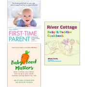 River Cottage Baby and Toddler Cookbook set by Lucy Atkins featuring baby food recipes and cooking tips in a colorful book collection.