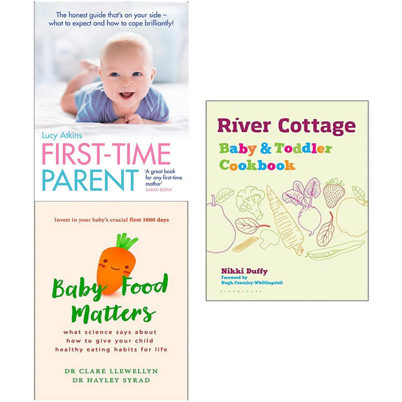 River Cottage Baby and Toddler Cookbook set by Lucy Atkins featuring baby food recipes and cooking tips in a colorful book collection.