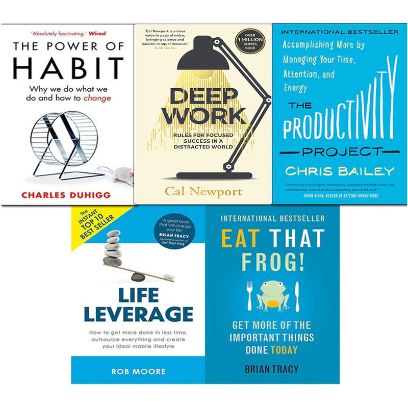 Power of habit, productivity project, deep work, eat that frog, life leverage 5 books collection set - The Book Bundle