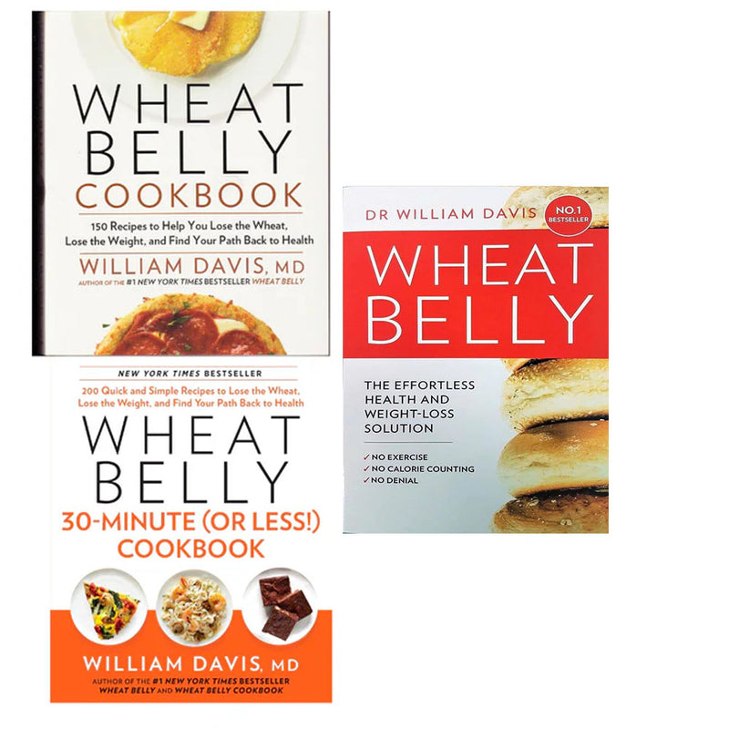 Set of Wheat Belly 3 books by William Davis, including Wheat Belly 30-Minute, Effortless Health, and 150 Recipes, published by Harper Thorsons.
