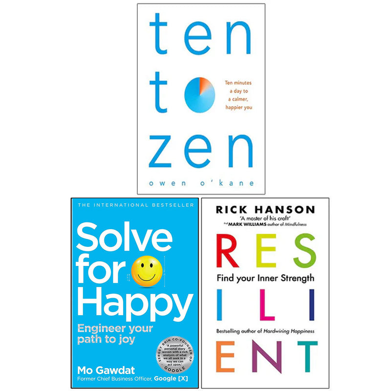 Set of three paperback books by Owen O'Kane including "Ten to Zen," "Solve for Happy," and "Engineer Your Path to Joy, blue covers