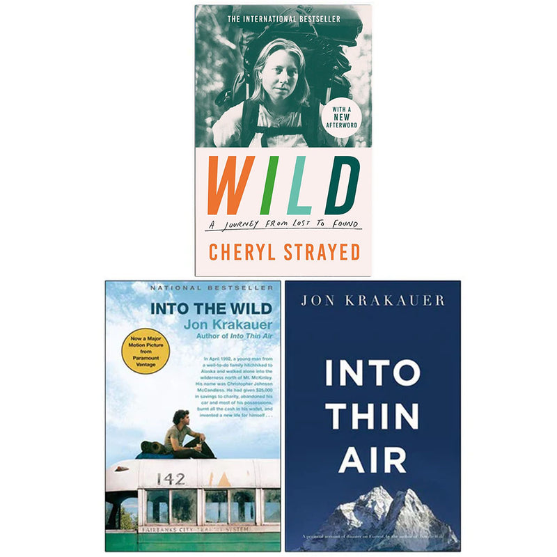 Three paperback non-fiction books by Cheryl Strayed and Jon Krakauer from Atlantic Books, including Wild, Into the Wild, and Into Thin Air.