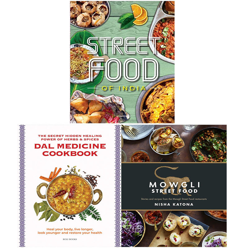 Nisha Katona Mowgli Street Food cookbook set with three non-fiction books on street food and dal medicine, published by Nourish Books.
