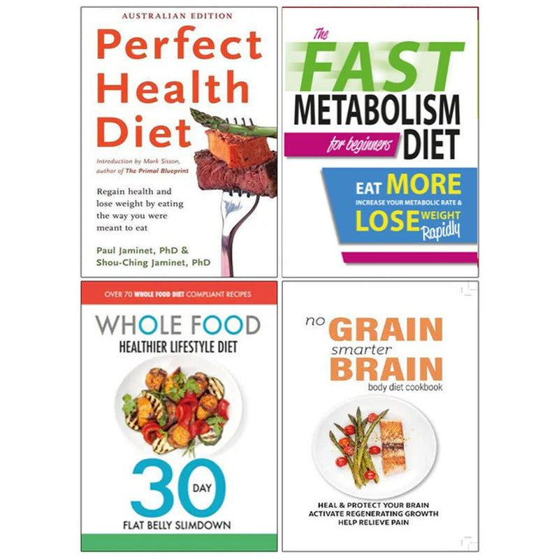 Set of four paperback books on health and metabolism by Paul and ShouChing Jaminet, featuring the Perfect Health Diet and Fast Metabolism Diet.