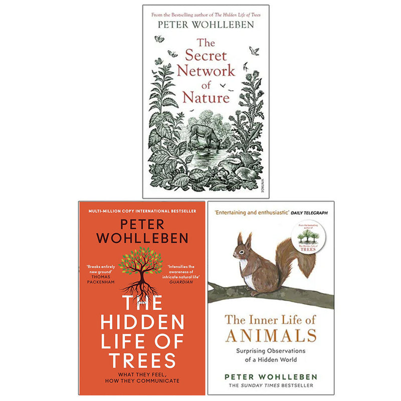 Vintage paperback book collection by Peter Wohlleben featuring The Secret Network of Nature and The Hidden Life of Trees.
