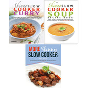 Three paperback cookbooks from The Book Bundle featuring slow cooker soup and curry recipes in The Skinny collection.