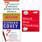 Collection of three non-fiction paperback books including Black Box Thinking and The 7 Habits of Highly Effective People by Covey and Syed