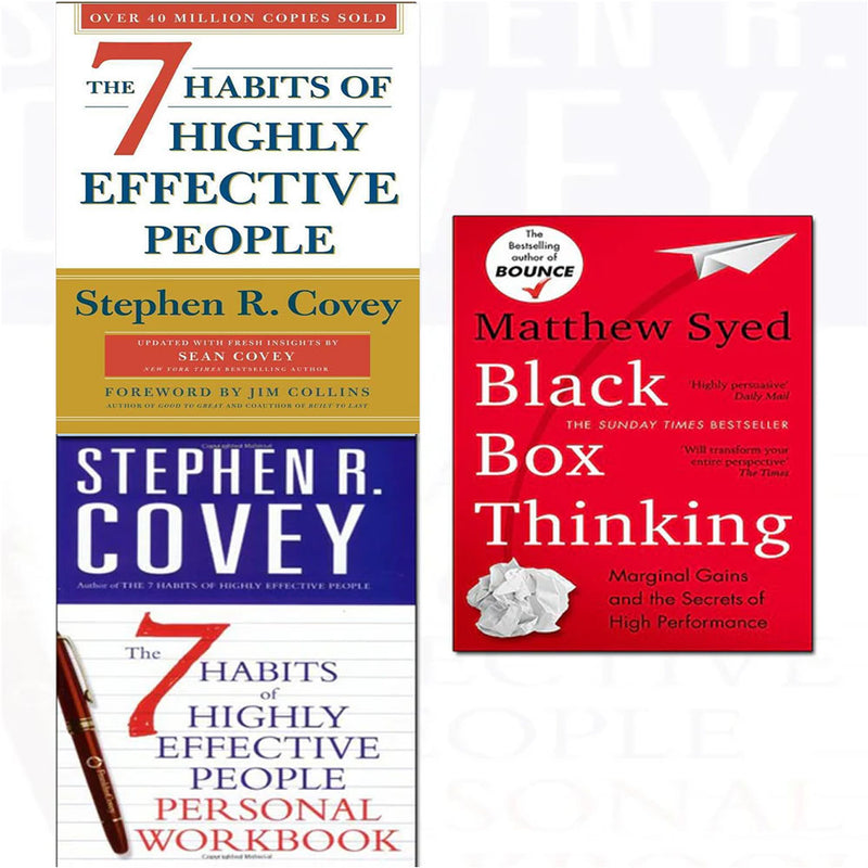 Collection of three non-fiction paperback books including Black Box Thinking and The 7 Habits of Highly Effective People by Covey and Syed