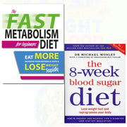 Two paperback books from The Book Bundle: 8-Week Blood Sugar Diet and Fast Metabolism Diet for beginners, featuring health and nutrition tips.
