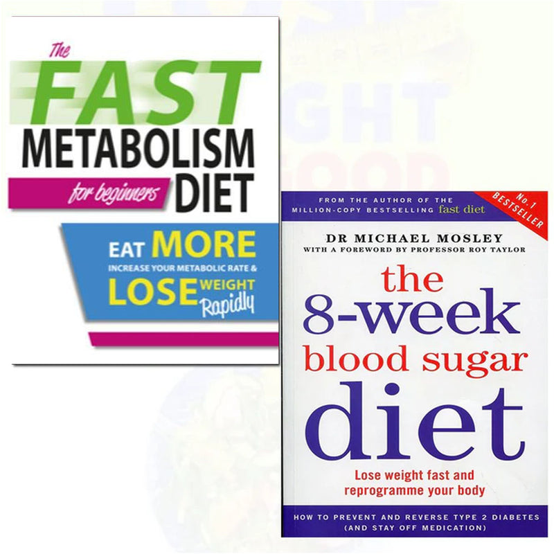 Two paperback books from The Book Bundle: 8-Week Blood Sugar Diet and Fast Metabolism Diet for beginners, featuring health and nutrition tips.