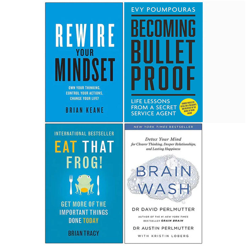 Collection of four paperback non-fiction books by Brian Keane and Evy Poumpouras, including Rewire Your Mindset and Eat That Frog.
