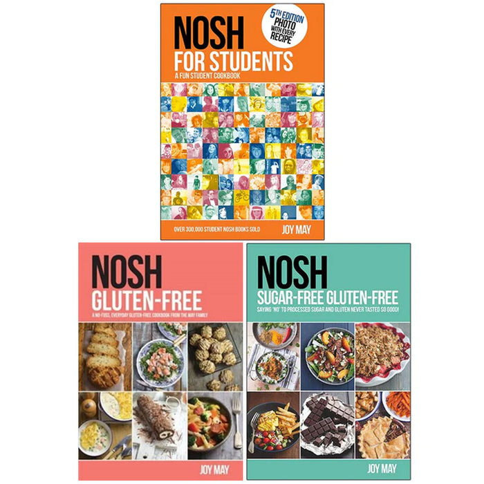 Joy May Collection 3 Books Set (Nosh for Students A Fun Student Cookbook, NOSH Gluten-Free, NOSH Sugar-Free Gluten-Free) - The Book Bundle