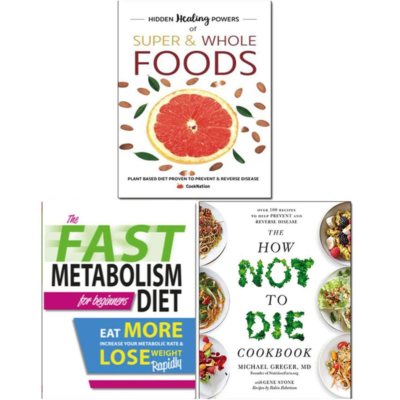 Set of three paperback cookbooks by Dr. Michael Greger, including How Not To Die and The Fast Metabolism Diet for beginners.