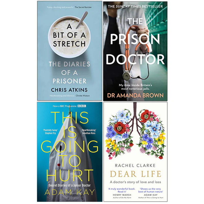 Collection of four fiction and non-fiction books by Chris Atkins, Dr. Amanda Brown, Sarah Langford, and Adam Kay, featuring diverse covers.