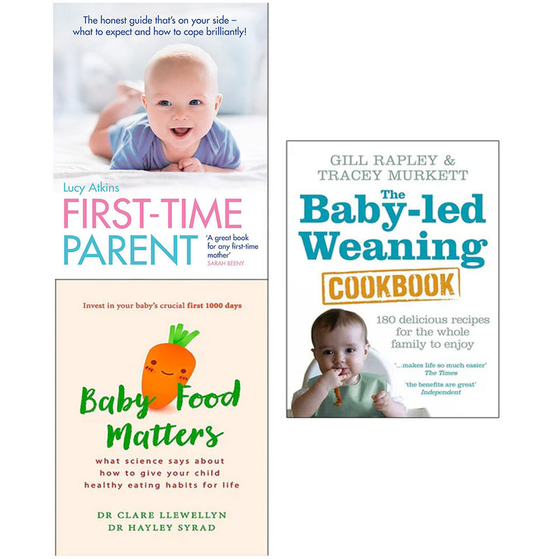 Vermilion Baby-Led Weaning Cookbook and First Time Parent Food Matters book set by Tracey Murkett and Gill Rapley, featuring colorful covers.