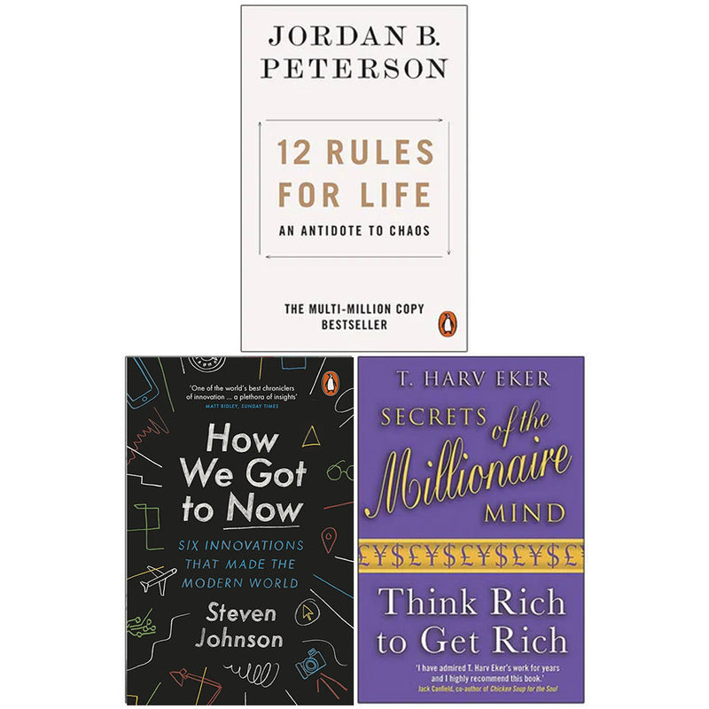 12 Rules for Life An Antidote to Chaos, How We Got to Now, Secrets of the Millionaire Mind Think Rich to Get Rich 3 Books Collection Set - The Book Bundle