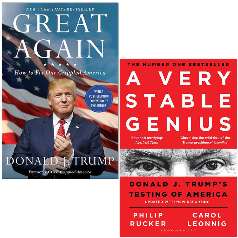 Collection of two paperback books, "Great Again" and "A Very Stable Genius" by Donald J. Trump, with authors Carol D. Leonnig and Philip Rucker.