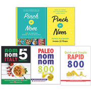 Collection of five paleo and cookbook books by Pinch of Nom, featuring recipes and dietary tips, in paperback format.