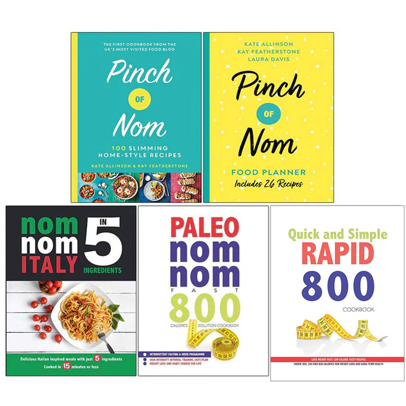 Collection of five paleo and cookbook books by Pinch of Nom, featuring recipes and dietary tips, in paperback format.
