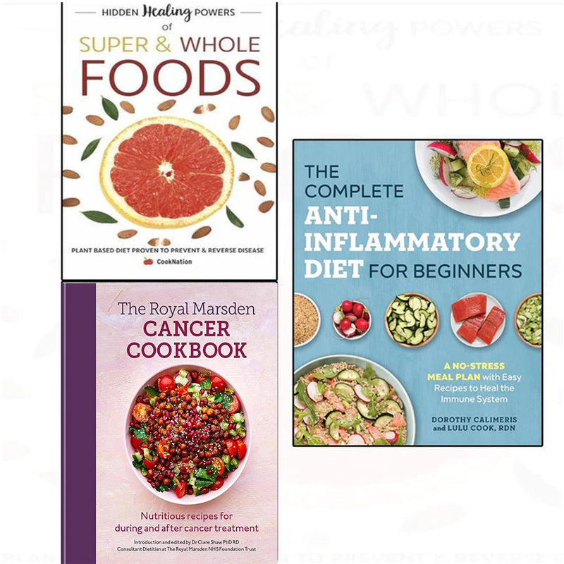 Three-book collection set including The Complete Anti-Inflammatory Diet, The Royal Marsden Cancer Cookbook, and more, featuring varied formats.