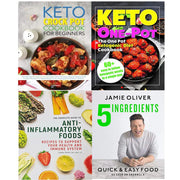 Set of four non-fiction books on anti-inflammatory foods by Jamie Oliver, featuring colorful covers and diverse page layouts.