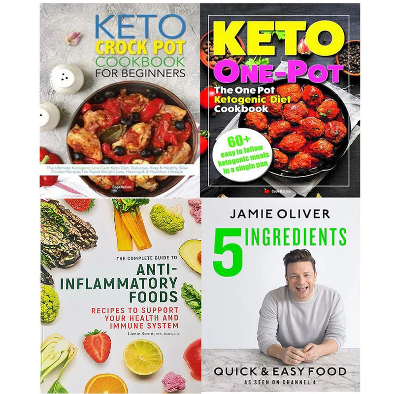 Set of four non-fiction books on anti-inflammatory foods by Jamie Oliver, featuring colorful covers and diverse page layouts.