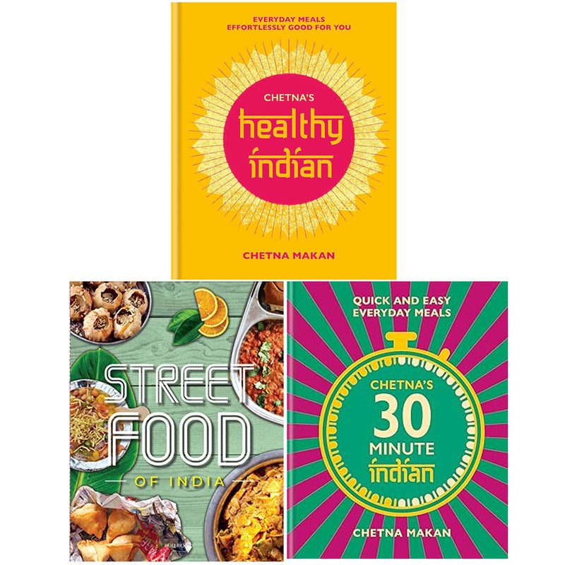 Collection of four hardcover Indian cookbooks including Chetna's 30-minute Indian, Healthy Indian, and Street Food series.
