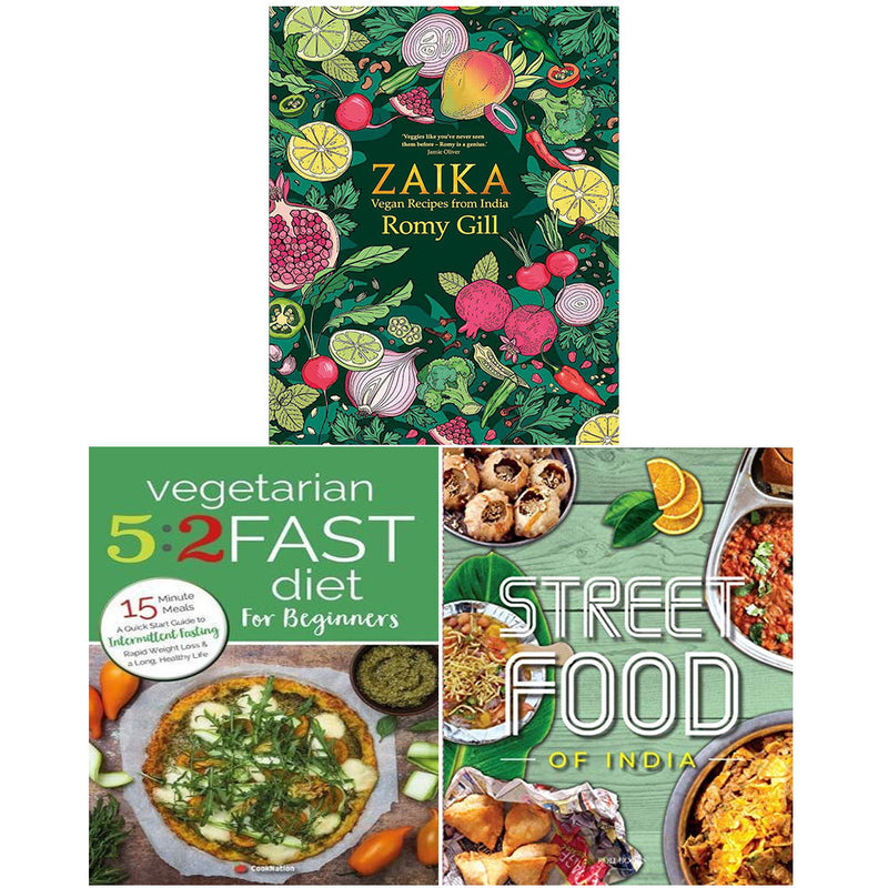 Set of three vegan and vegetarian recipe books by Romy Gill and Roli Books featuring street food, fasting diets, and more.