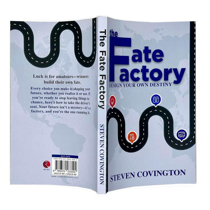 Book cover of "The Fate Factory: Design Your Own Destiny" by Steven Covington, published by Rupa Publications, featuring vibrant artwork.