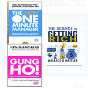 Set of three paperback non-fiction books including The Science of Getting Rich, The One Minute Manager, and Gung Ho! by Harper.