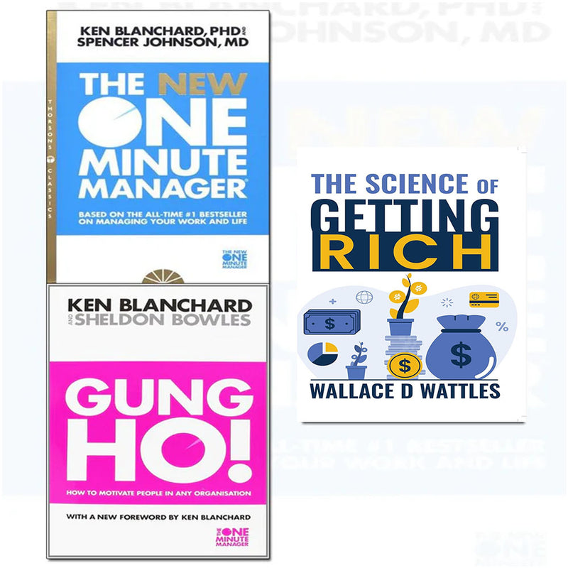 Set of three paperback non-fiction books including The Science of Getting Rich, The One Minute Manager, and Gung Ho! by Harper.