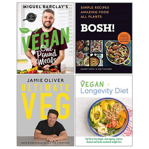 Vegan One Pound Meals, Bosh Simple Recipes, Ultimate Veg Jamie Oliver, The Vegan Longevity Diet 4 Books Collection Set - The Book Bundle