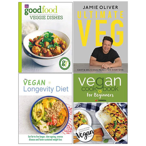 Good Food Veggie dishes, Ultimate Veg Jamie Oliver [Hardcover], The Vegan Longevity Diet, Vegan Cookbook For Beginners 4 Books Collection Set - The Book Bundle