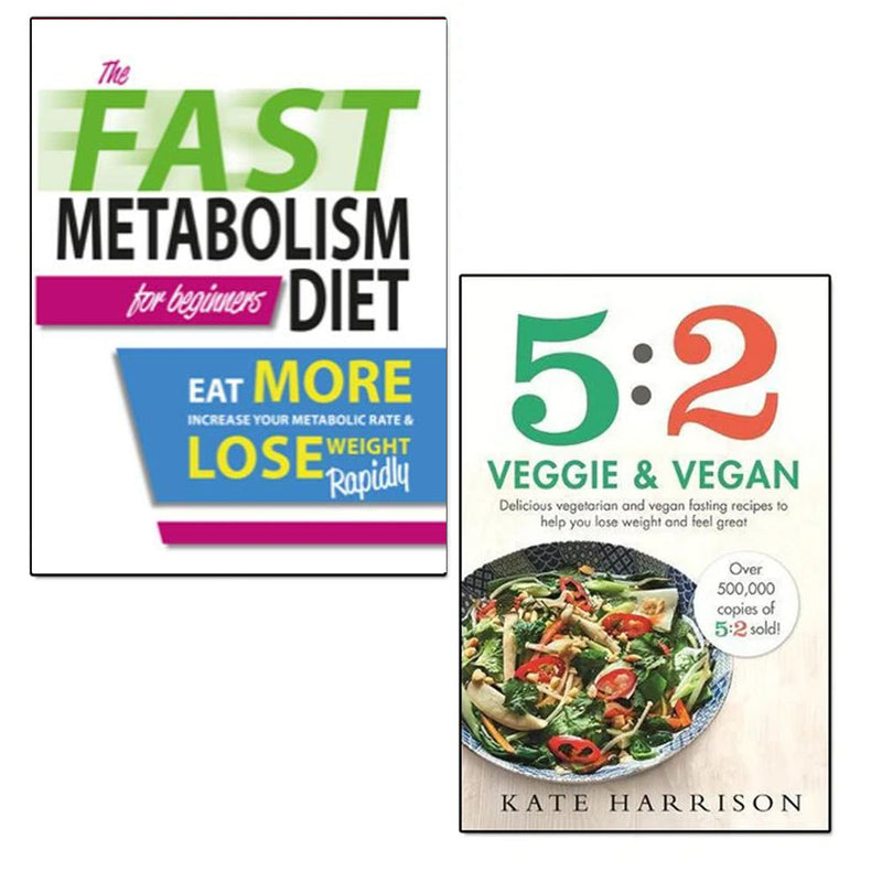 Two paperback books from The Book Bundle featuring 5:2 Veggie and Vegan recipes for fast metabolism and beginner-friendly dieting.