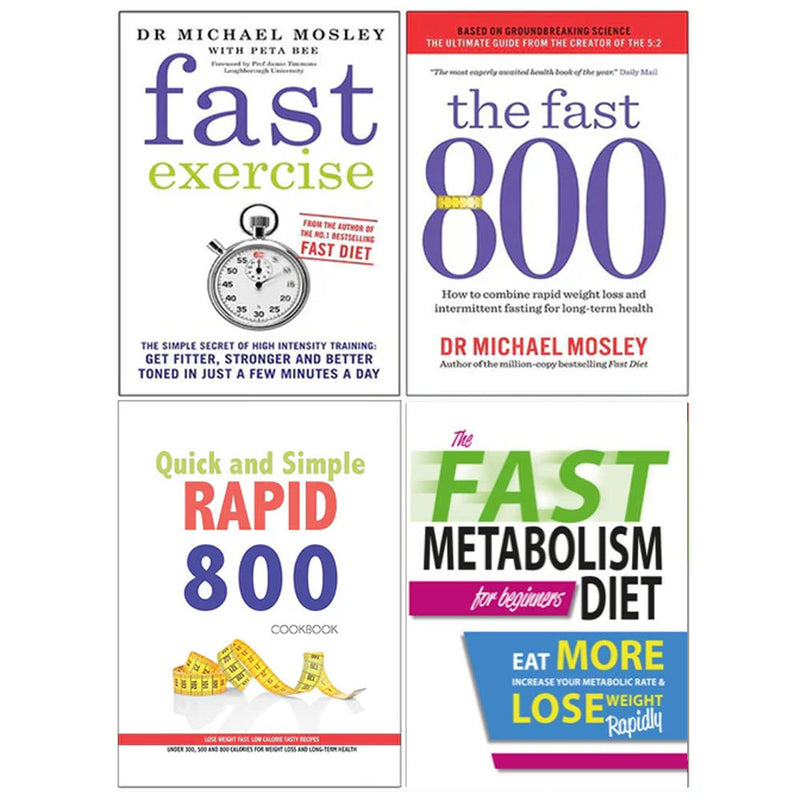 Set of four paperback books on fast exercise, metabolism diet, and health by Haylie Pomroy and Iota Publishing.