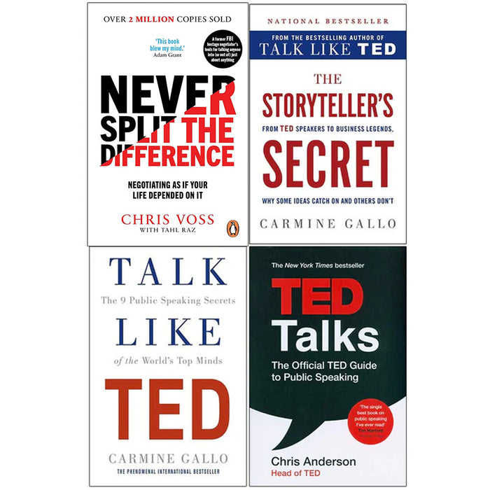 Never Split The Difference, The Storyteller's Secret [Hardcover], Talk Like TED, TED Talks 4 Books Collection Set - The Book Bundle