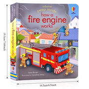 Children's board book titled "Peep Inside How a Fire Engine Works" by Usborne Publishing featuring colorful fire engine illustrations.