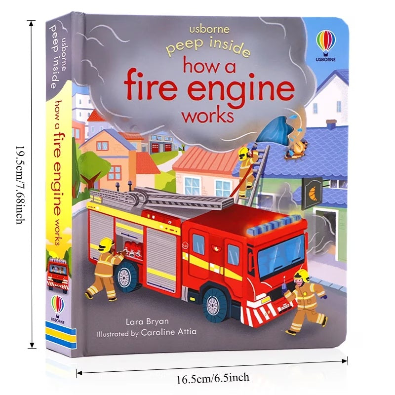 Children's board book titled "Peep Inside How a Fire Engine Works" by Usborne Publishing featuring colorful fire engine illustrations.