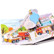 Children's board book titled "Peep Inside How A Fire Engine Works" by Usborne Publishing, featuring colorful fire engine illustrations.