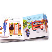 Board book cover showing colorful fire engine with ladders, hoses, and firefighters, illustrating how a fire engine works for children.