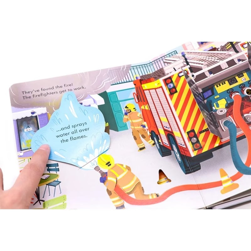 Colorful open-page illustration of a fire engine with ladders and firefighters, from the Usborne Peep Inside How A Fire Engine Works board book