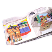 Child reading the "Peep Inside How A Fire Engine Works" Usborne Publishing board book featuring colorful fire engine illustrations.