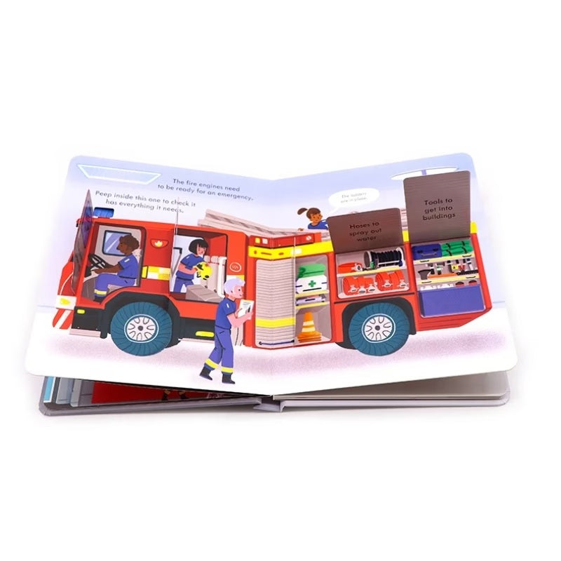 Colorful fire engine board book titled "Peep Inside How A Fire Engine Works" by Usborne Publishing, showing a detailed fire truck illustration.