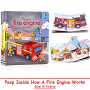 Children's board book titled "Peep Inside How A Fire Engine Works" by Usborne Publishing, showing colorful fire engine illustrations.