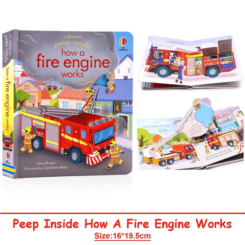 Children's board book titled "Peep Inside How A Fire Engine Works" by Usborne Publishing, showing colorful fire engine illustrations.
