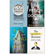 Set of four non-fiction books including "This Is Going To Hurt" by The Secret Barrister, featuring works by Chris Atkins and Dr. Amanda Brown.